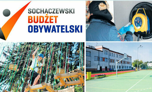 Grafika z logo budżetu obywatelskiego Sochaczew i trzy zdjęcia parku linowego, boiska i defibrylatora